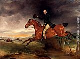 Bay Canvas Paintings - Mr George Marriott On His Bay Hunter Taking A Fence